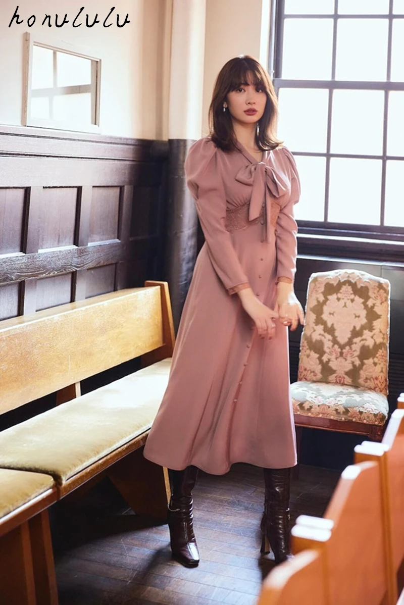 2022 erken bahar yeni Japon tarzı Xiaojima Yangna aynı stil tatlı rüzgar kabarcık pilili kollu dantel-up bel elbise kadın