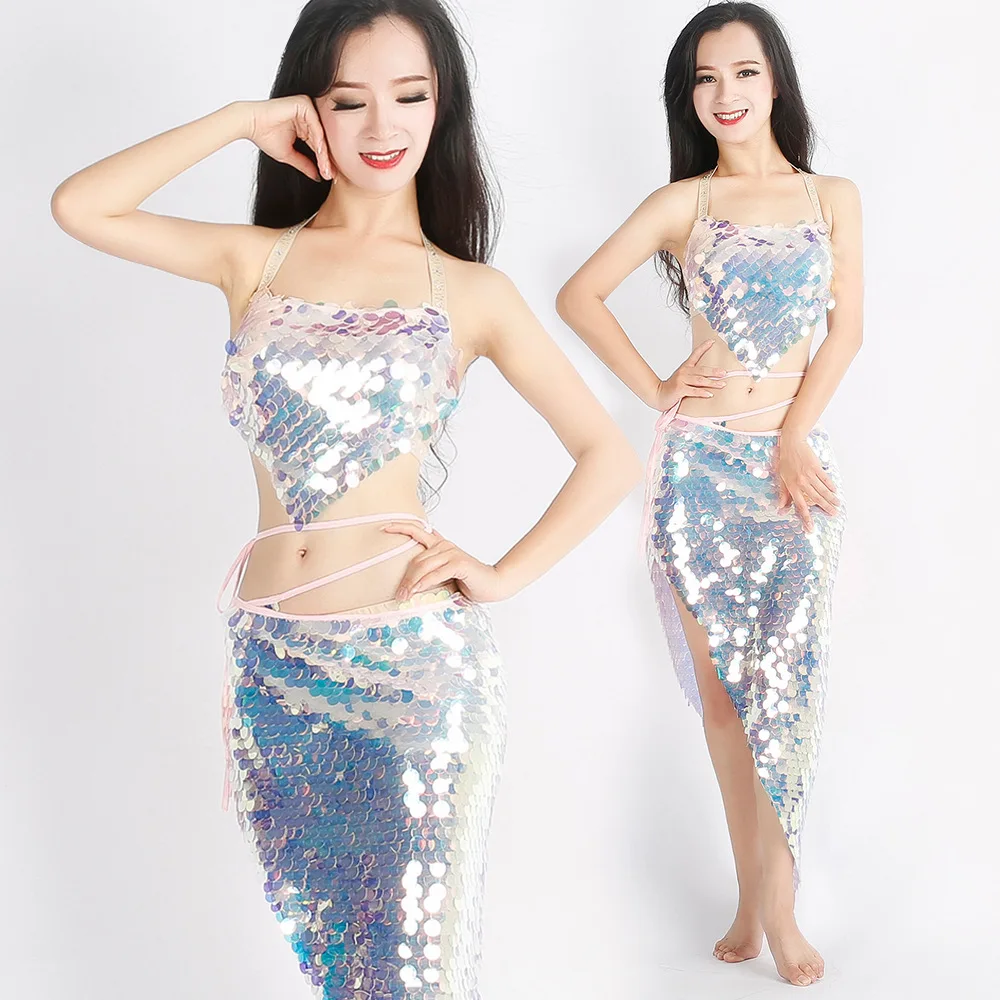 Kadın Bling Bling Mermaid Oryantal dans kostümü Seti 2 adet Profesyonel Oryantal Dans Sutyen Etekler Kıyafet Suit Pullu Latin Dans Elbise