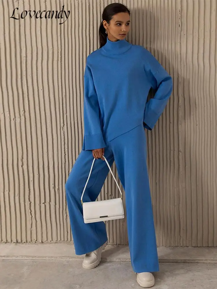 Kadın Örme İki Parçalı Setleri Katı Yüksek Yaka Kazak+Geniş Bacaklar Pantolon Düzensiz Takım Elbise 2022 Sonbahar Kış Moda Gevşek Kıyafetler