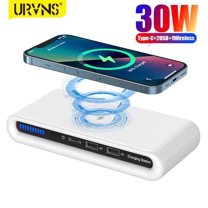 URVNS 30W USB Şarj İstasyonu 15W Hızlı Qi Kablosuz Şarj Pedi Çok Portlu Tip C Adaptörü iPhone 14 13 12 11 Pro Max XS XR