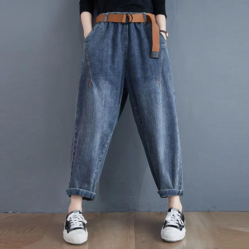 2022 Sonbahar Yeni Kore Moda Kadın Pamuk Denim Harem Pantolon-bahisler tüm Rahat Elastik Bel vintage Mavi Gevşek Kot M634