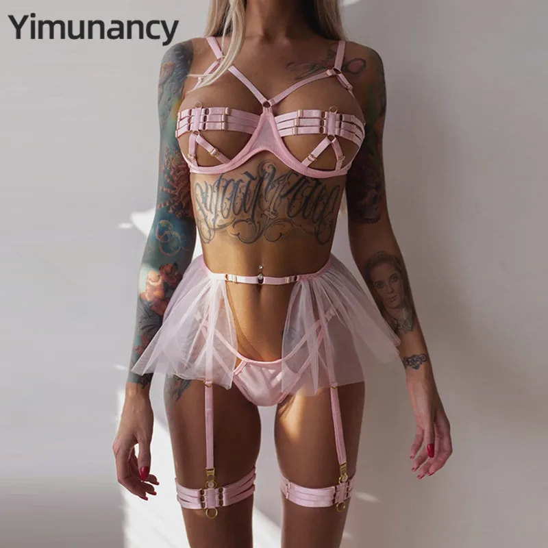 Yimunancy Örgü Jartiyer iç çamaşırı seti Kadın Şeffaf Bandaj Seksi Egzotik Setleri Moda Kısa Katı Fantezi Kiti